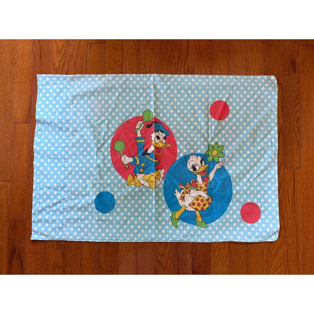 Vintage Disney Productions Twin 3pc Sheet Set Blue Mickey Minnie Donald Polkadot